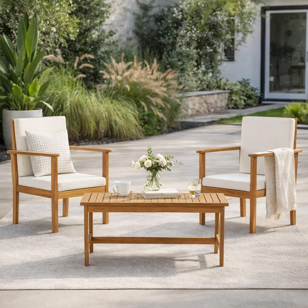 3pc Set with 2 Club Chairs, Coffee Table, Acacia Wood, Cream