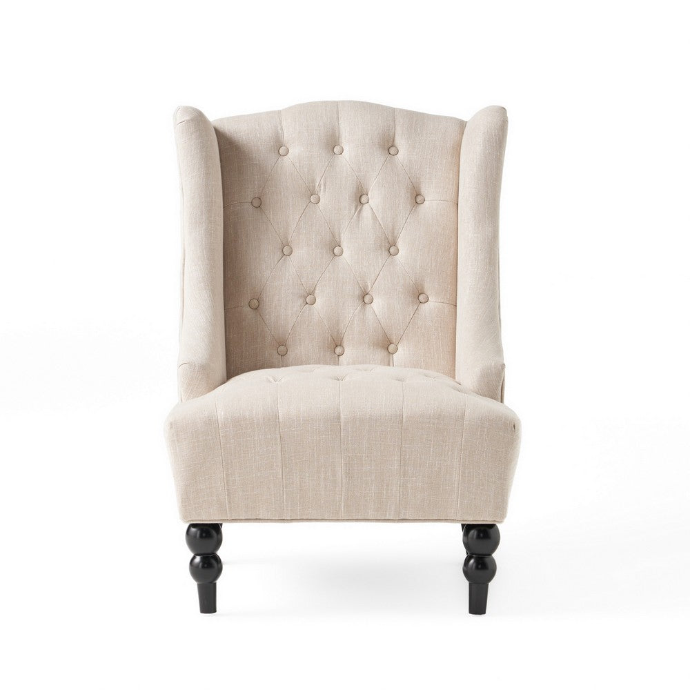 Club Chair, Birch Wood, High Wingback Tufted Beige Fabric