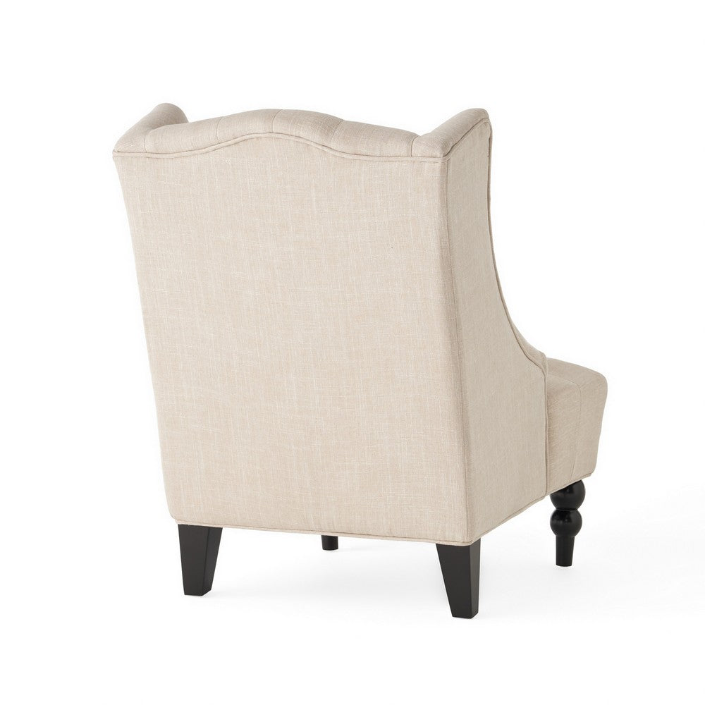 Club Chair, Birch Wood, High Wingback Tufted Beige Fabric