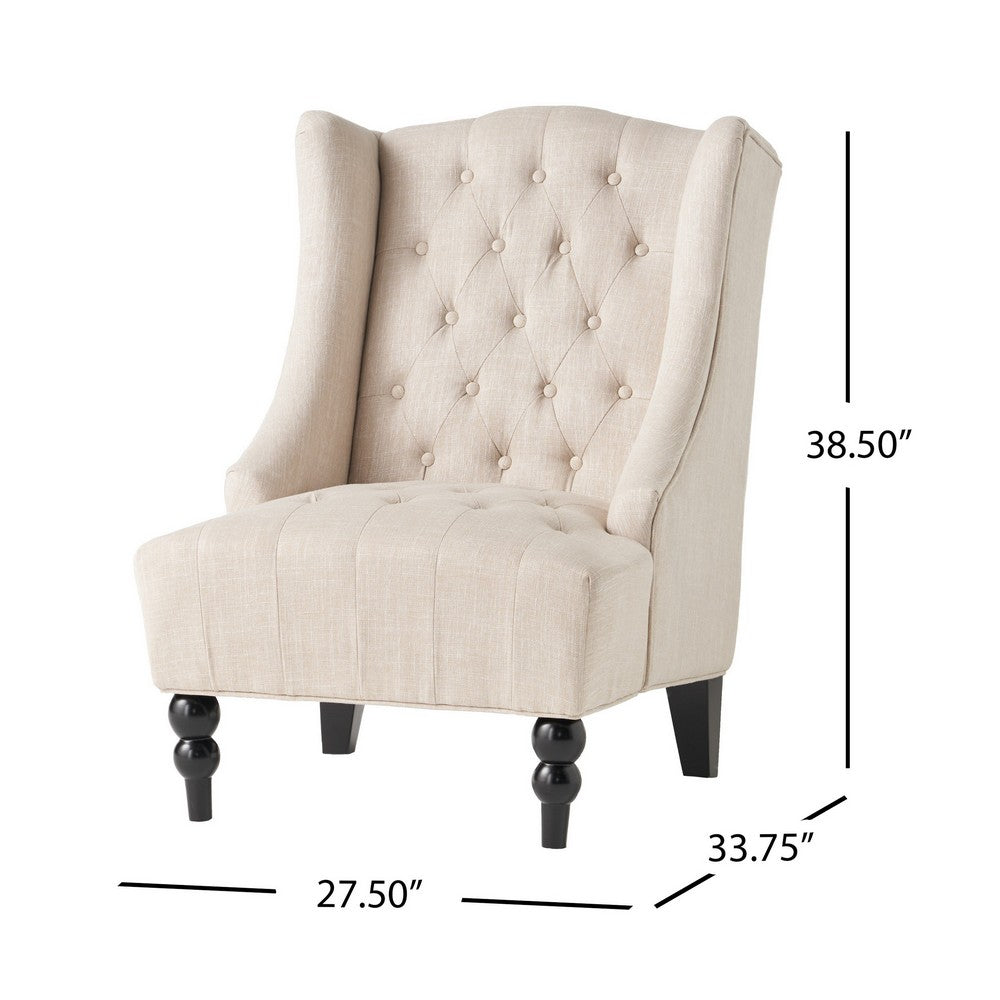 Club Chair, Birch Wood, High Wingback Tufted Beige Fabric
