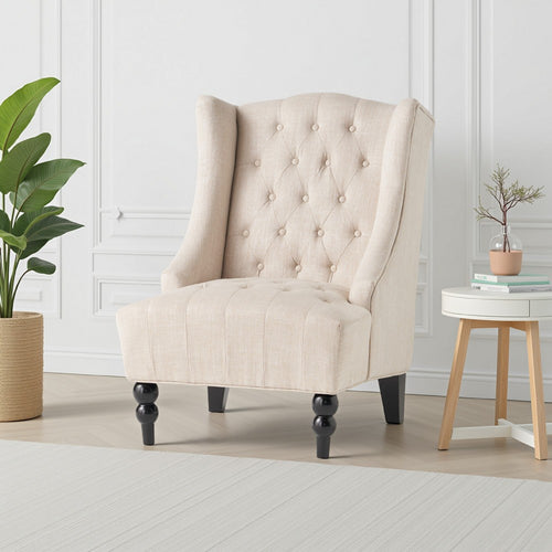 Club Chair, Birch Wood, High Wingback Tufted Beige Fabric