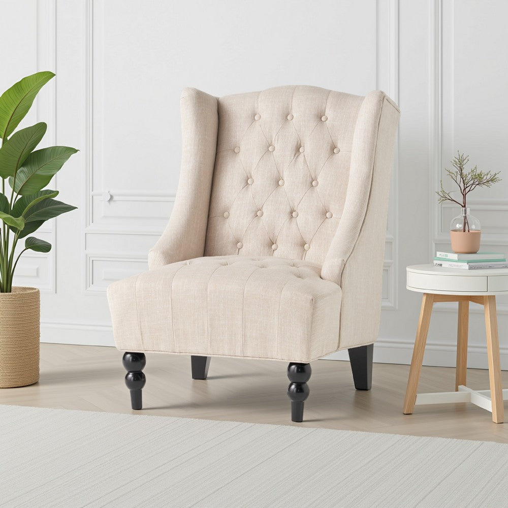 Club Chair, Birch Wood, High Wingback Tufted Beige Fabric