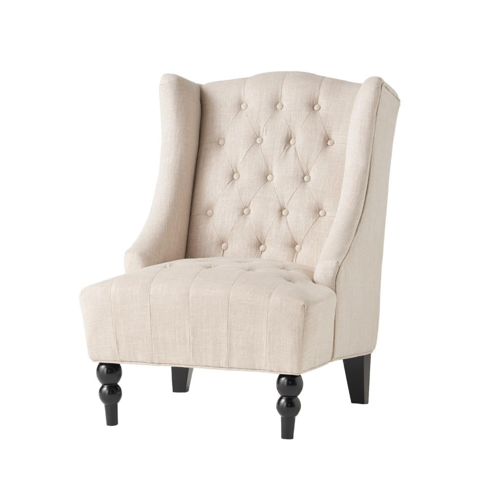 Club Chair, High Wingback, Birch Wood Legs, Beige Button Tufted Fabric