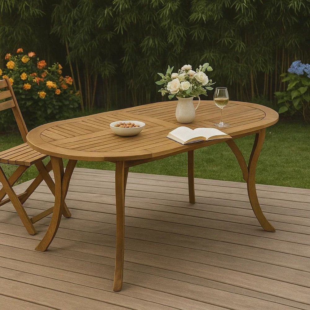 Outdoor Dining Table, 70 Inch Slat Style Oval Top, Teak Acacia Wood