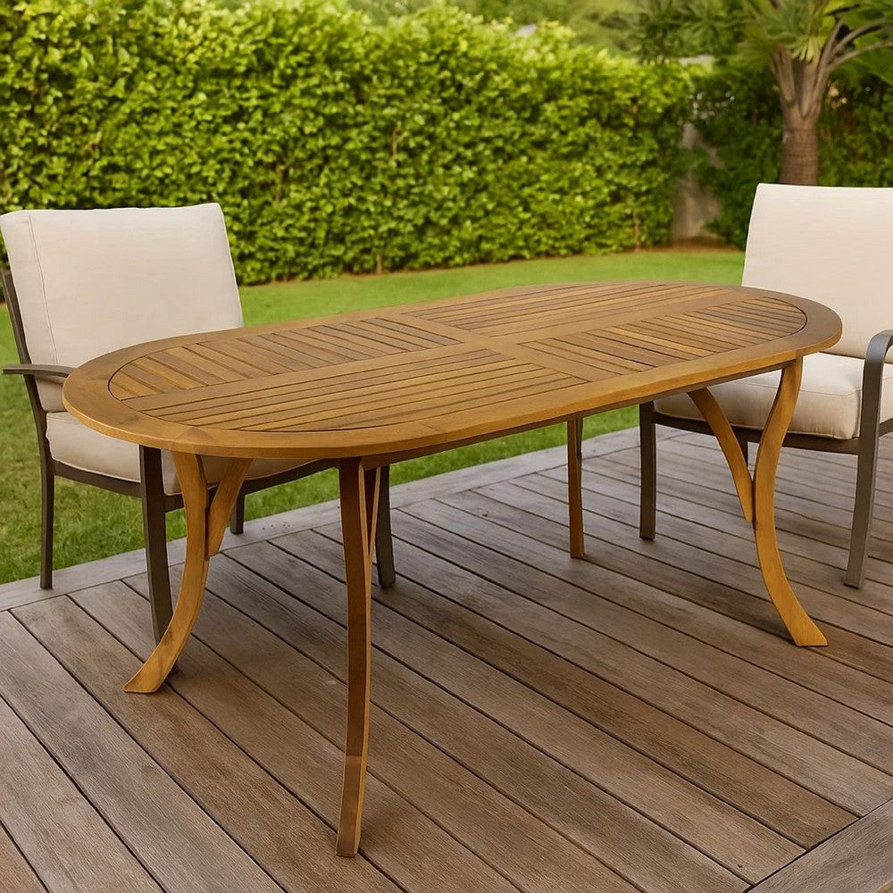 Outdoor Dining Table, 70 Inch Slat Style Oval Top, Teak Acacia Wood