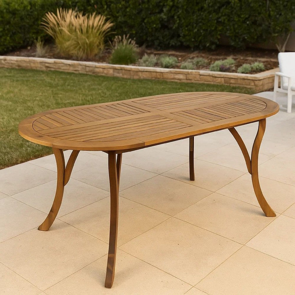Outdoor Dining Table, 70 Inch Slat Style Oval Top, Teak Acacia Wood