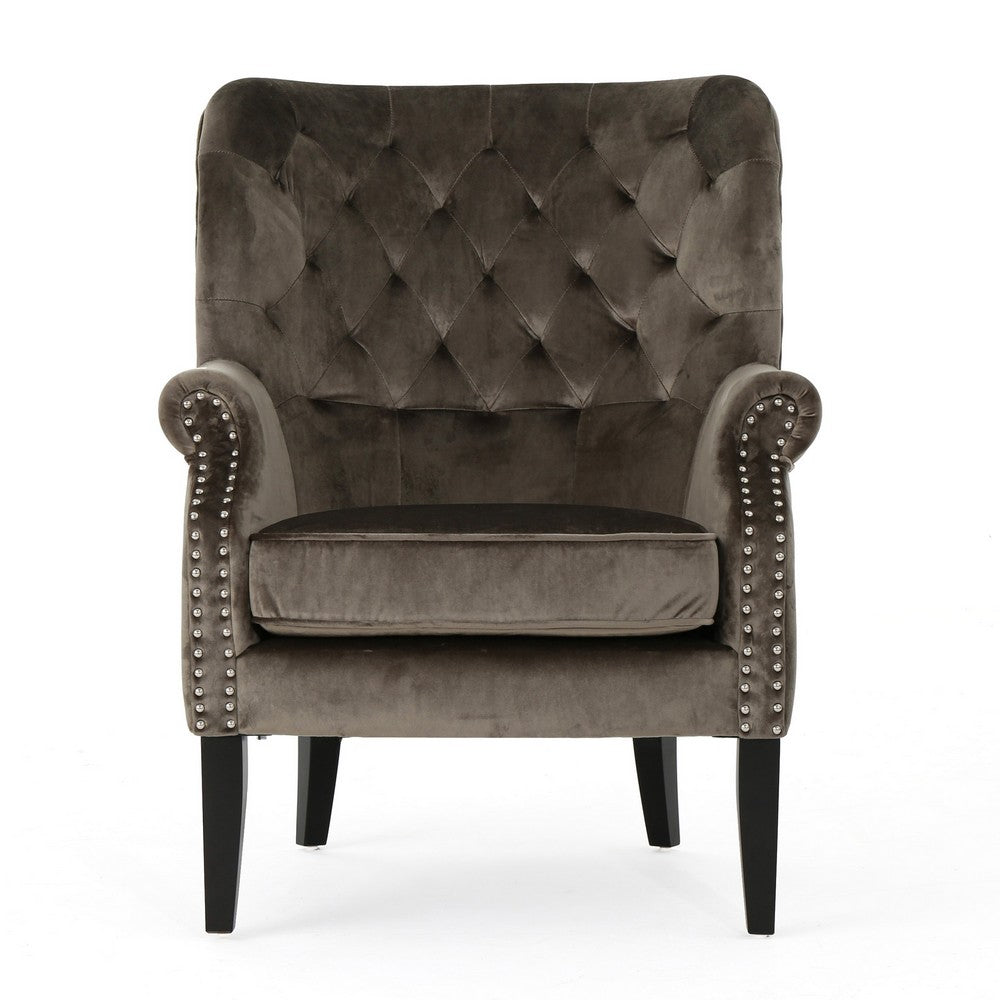 Nire Accent Club Chair, Nailhead, Birch Wood, Gray Velvet