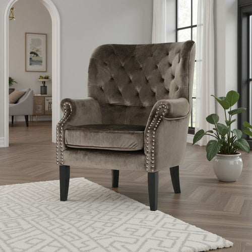 Nire Accent Club Chair, Nailhead Trim, Brown Birch Wood, Gray Velvet