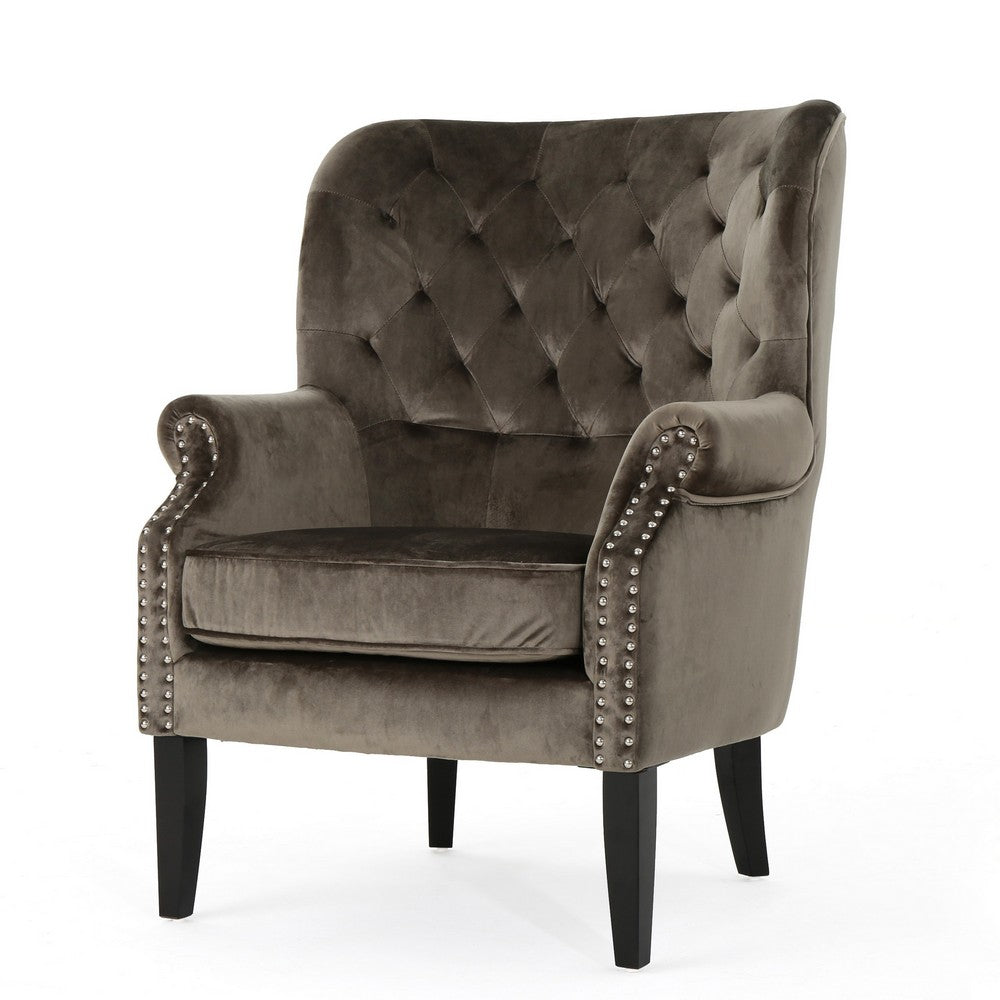 Nire Accent Club Chair, Nailhead, Birch Wood, Gray Velvet