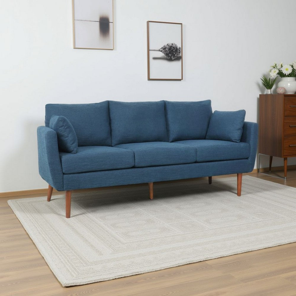 Nate Sofa with 2 Accent Pillows, 77 Inch Birch Wood, Navy Blue Fabric