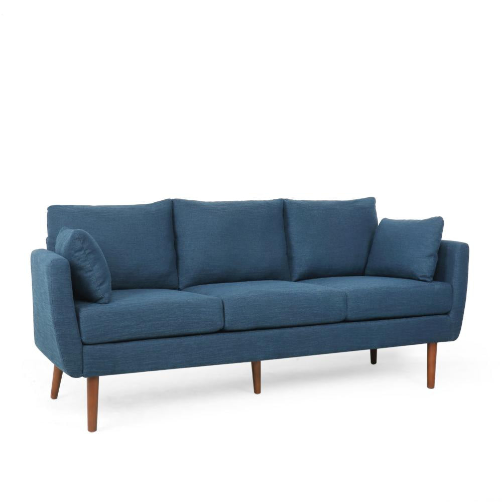 Nate Sofa with 2 Accent Pillows, 77 Inch Birch Wood, Navy Blue Fabric