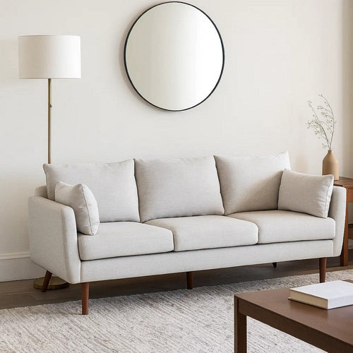 Nate Sofa with 2 Accent Pillows, 77 Inch Birch Wood, Beige Fabric