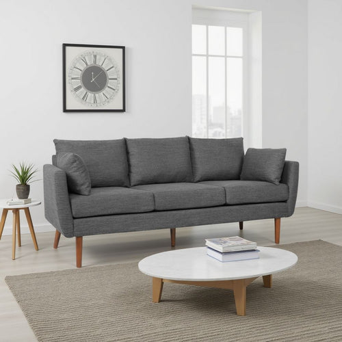 Nate Sofa, 2 Accent Pillows, 77" Birch Wood, Charcoal Gray