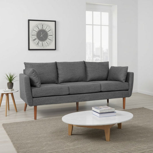 Nate Sofa with 2 Accent Pillows, 77 Inch Birch Wood, Charcoal Gray
