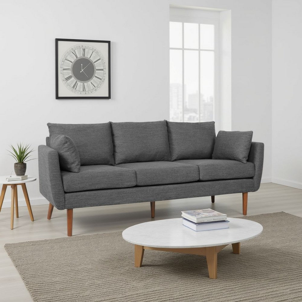 Nate Sofa with 2 Accent Pillows, 77 Inch Birch Wood, Charcoal Gray