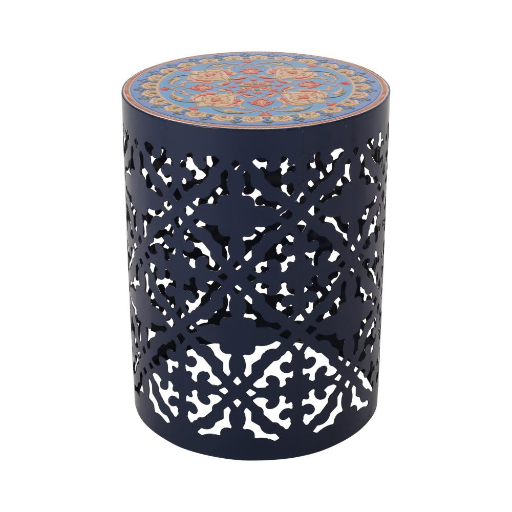Riki Side End Table 14 Inch Mosaic Tile Rattan Top Dark Blue Lace Cut Metal
