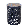 Riki Side End Table 14 Inch Mosaic Tile Rattan Top Dark Blue Lace Cut Metal