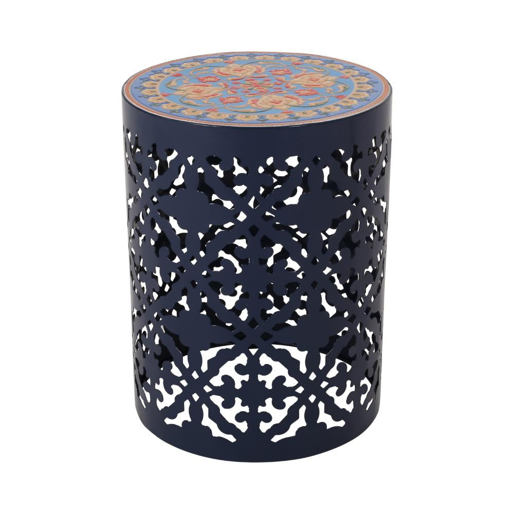Riki Side End Table 14 Inch Mosaic Tile Rattan Top Dark Blue Lace Cut Metal