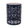Riki Side End Table, 14 Inch, Mosaic Tile Rattan Top, Dark Blue Lace Cut Metal