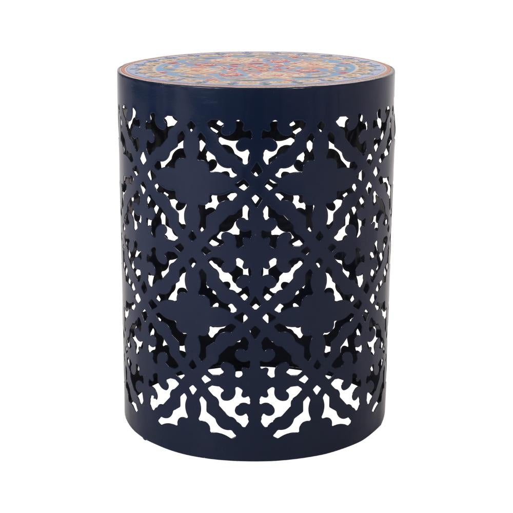 Riki Side End Table, 14 Inch, Mosaic Tile Rattan Top, Dark Blue Lace Cut Metal