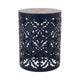 Riki Side End Table, 14 Inch, Mosaic Tile Rattan Top, Dark Blue Lace Cut Metal