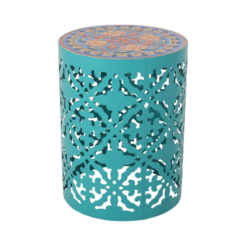 Riki Side End Table 14 Inch Mosaic Tile Rattan Teal Lace Cut Metal