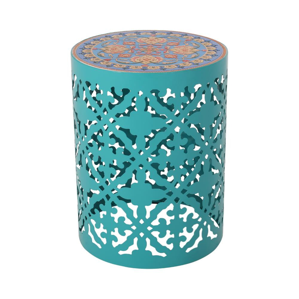 Riki Side End Table 14 Inch Mosaic Tile Rattan Teal Lace Cut Metal