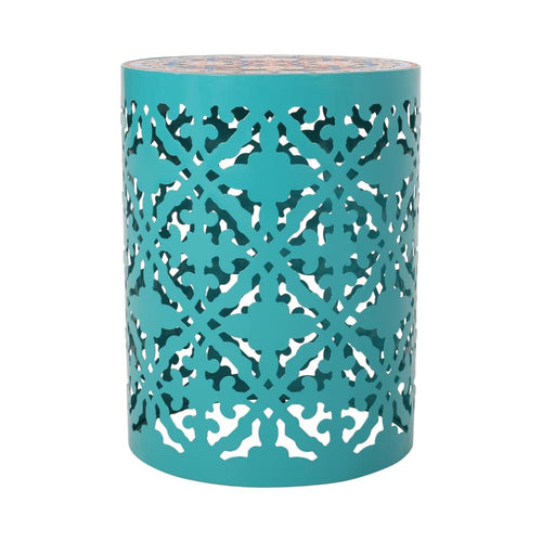 Riki Side End Table, 14 Inch, Mosaic Tile Rattan, Teal Lace Cut Metal