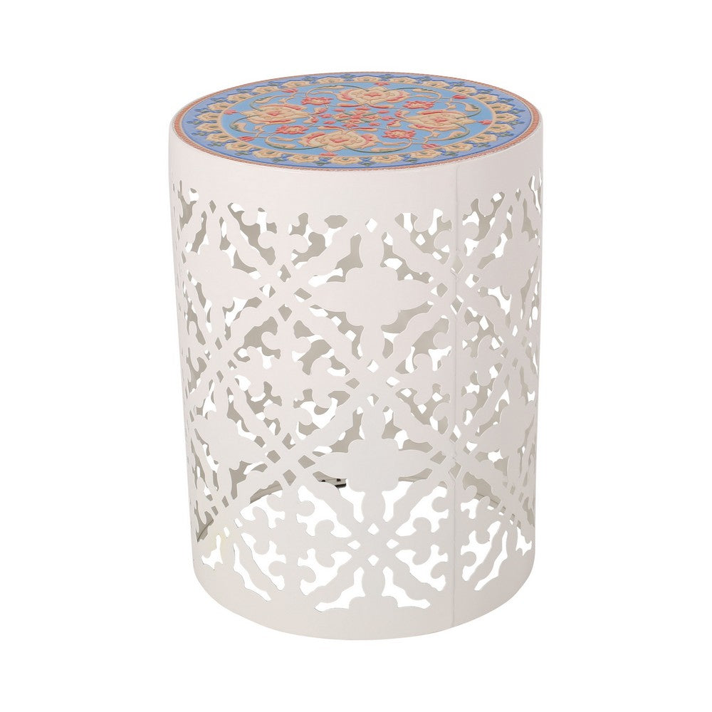 Riki Side End Table, 14", Mosaic Tile Rattan, White Metal