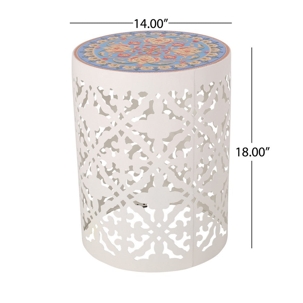 Riki Side End Table, 14", Mosaic Tile Rattan, White Metal