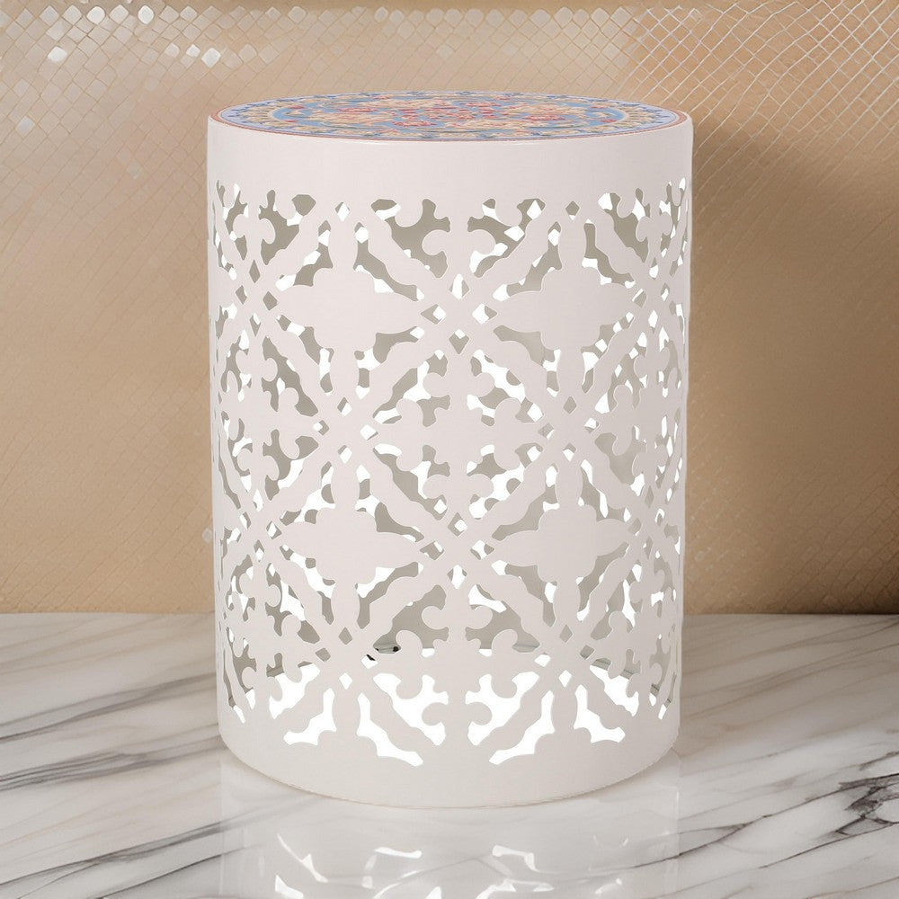 Riki Side End Table, 14", Mosaic Tile Rattan, White Metal