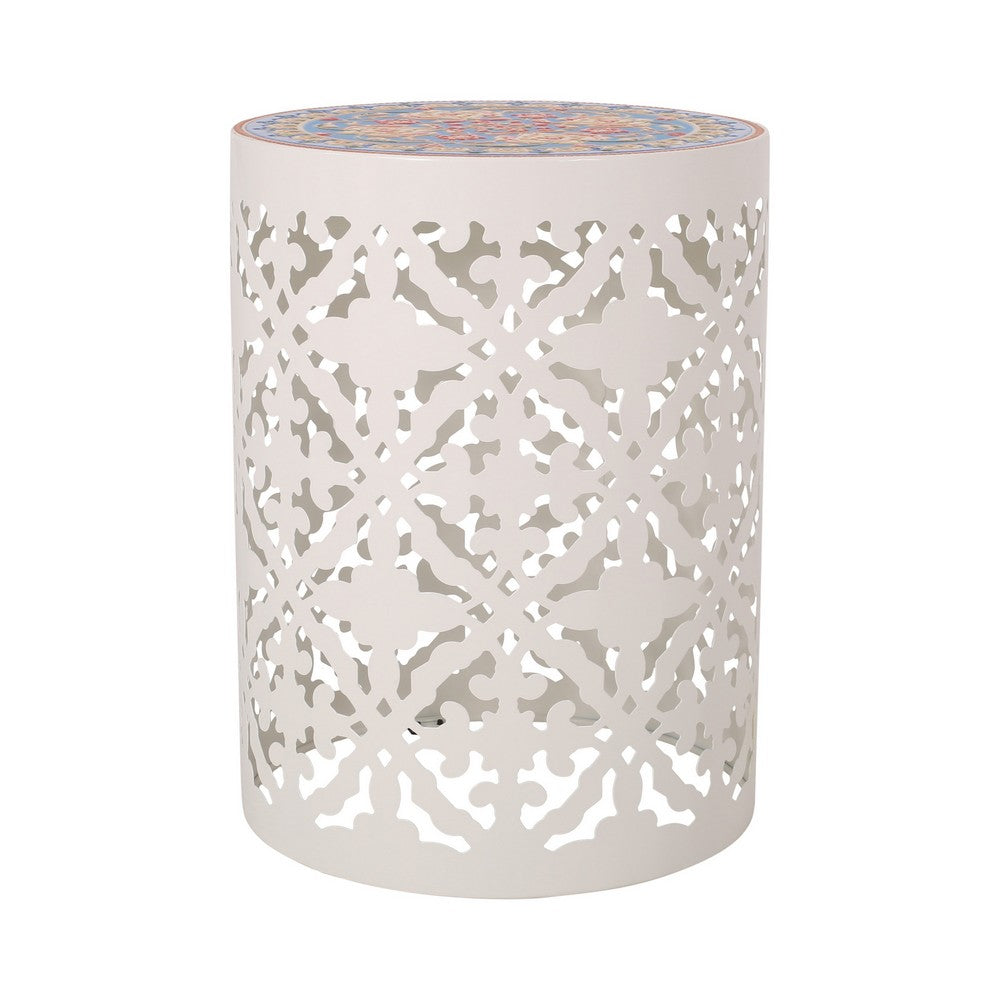 Riki Side End Table, 14", Mosaic Tile Rattan, White Metal