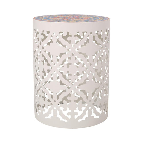 Riki Side End Table, 14 Inch, Mosaic Tile Rattan, White Lace Cut Metal