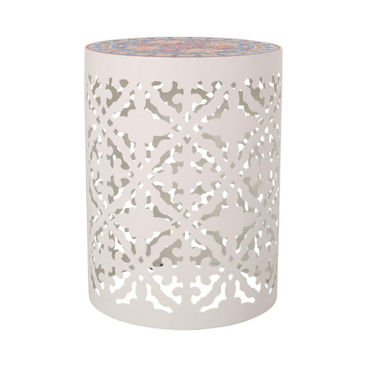 Riki Side End Table, 14 Inch, Mosaic Tile Rattan, White Lace Cut Metal