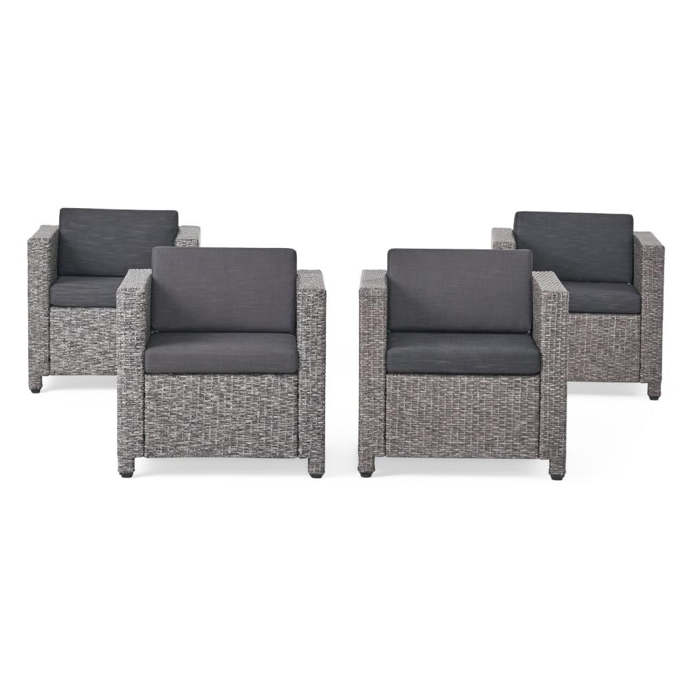 Elza Outdoor Accent Chair Set of 4, Rattan Wicker, Charcoal Gray Seat