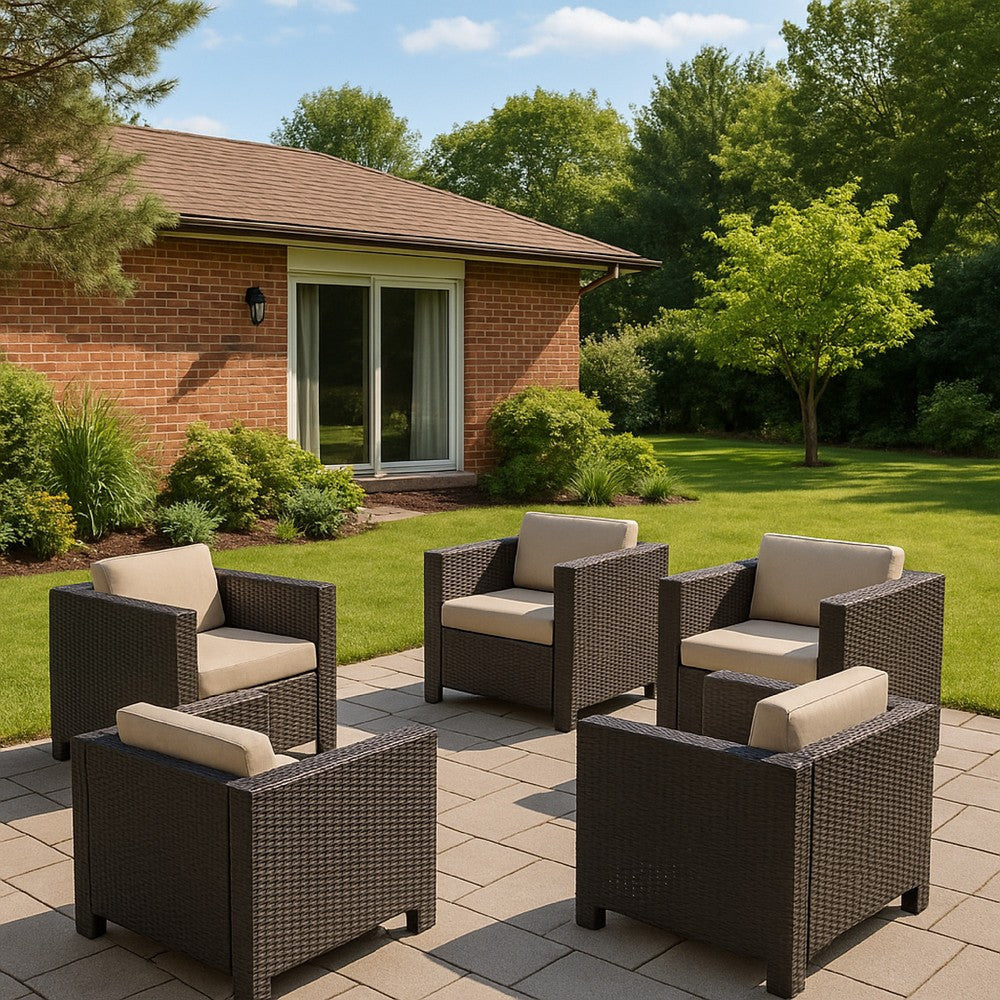 Elza Outdoor Accent Chair Set of 4, Brown Faux Rattan Wicker, Beige