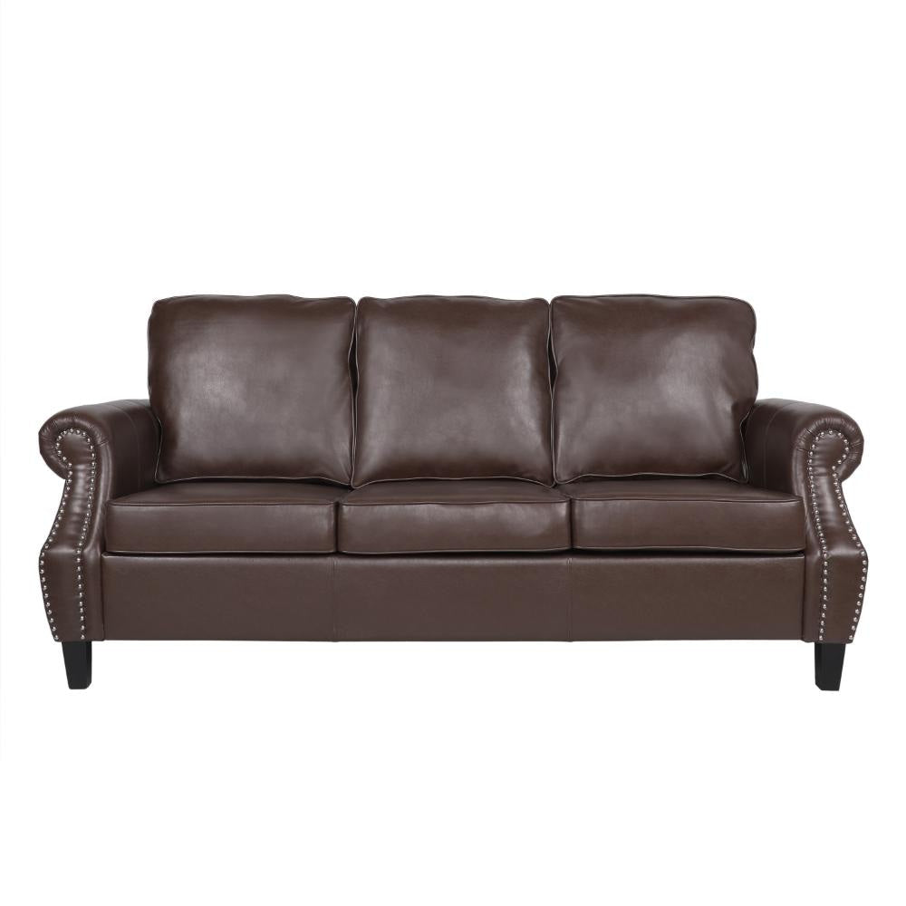 Sofa 80 Inch 3-Seater Nailhead Trim Birch Wood Brown Faux Leather BM323688
