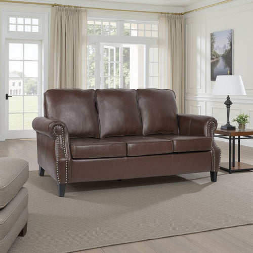 Sofa, 80" 3-Seater Birch Wood, Dark Brown Faux Leather