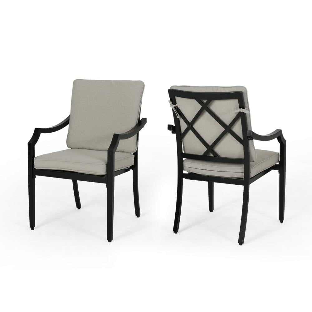 Outdoor Dining Chair Set of 2, Crossed Back, Beige Fabric, Black Metal