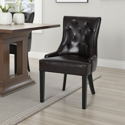 Chen Dining Chair Set of 2, Sloped Arms, Tufted Brown Faux Leather