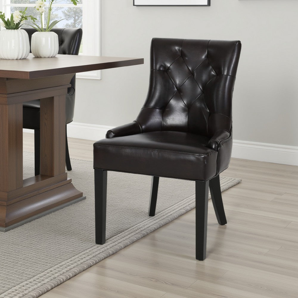 Chen Dining Chair Set of 2, Sloped Arms, Tufted Brown Faux Leather