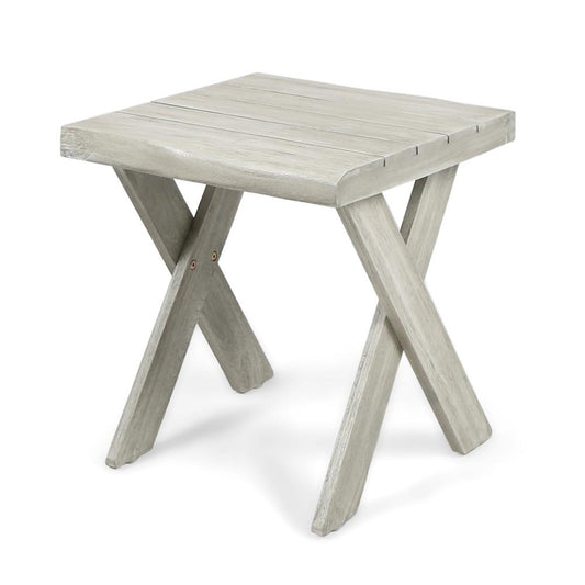 Outdoor Side End Table, 18 Inch Sandblasted Teak, Gray Acacia Wood