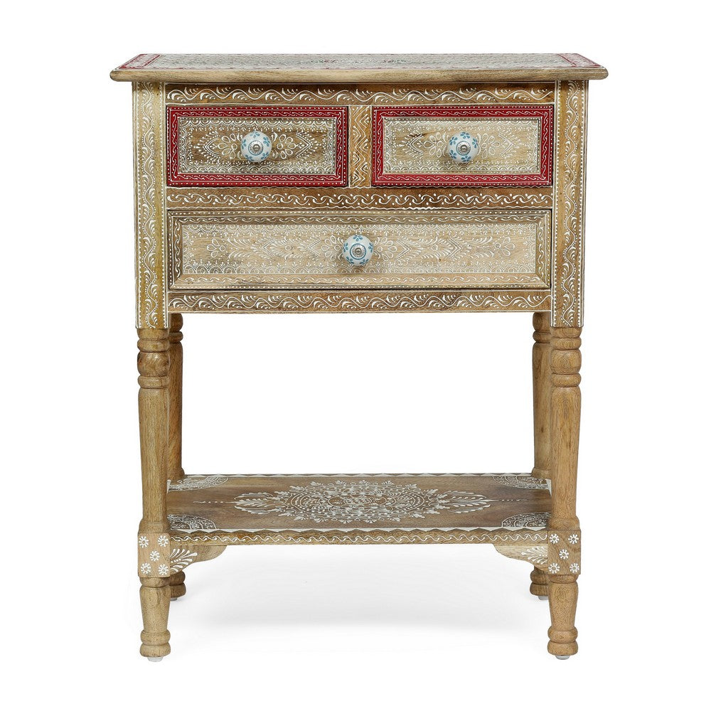 Side End Table, 2 Drawers, 1 Shelf, 24" Natural Mango Wood