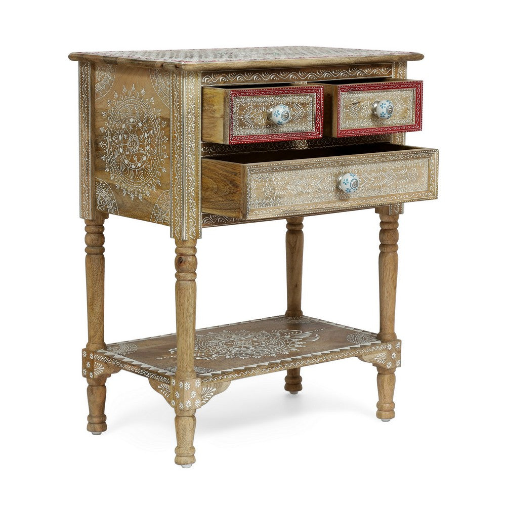Side End Table, 2 Drawers, 1 Shelf, 24" Natural Mango Wood