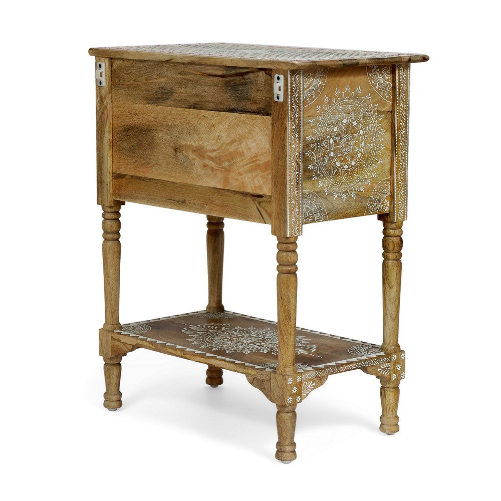 Side End Table, 2 Drawers, 1 Shelf, 24" Natural Mango Wood