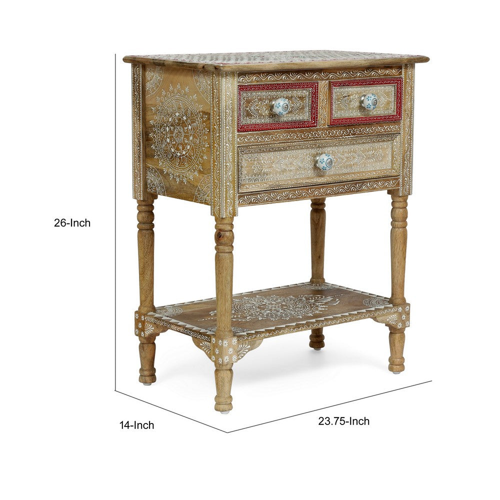 Side End Table, 2 Drawers, 1 Shelf, 24" Natural Mango Wood