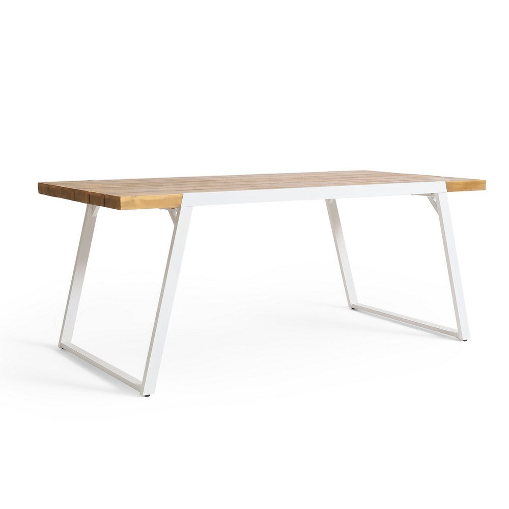 Outdoor Dining Table, Splayed White Sled Base, 71 Inch Acacia Wood
