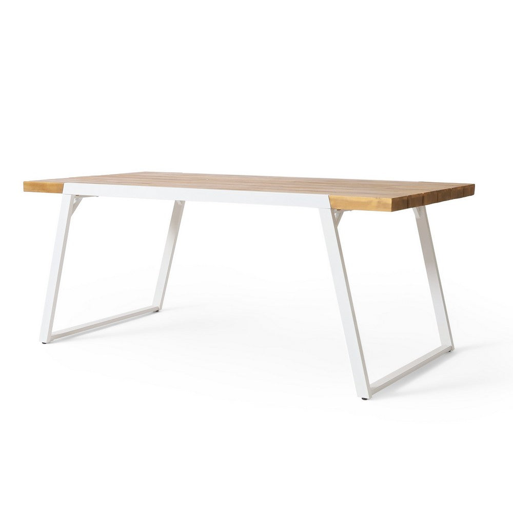 Outdoor Dining Table, Splayed White Sled Base, 71 Inch Acacia Wood