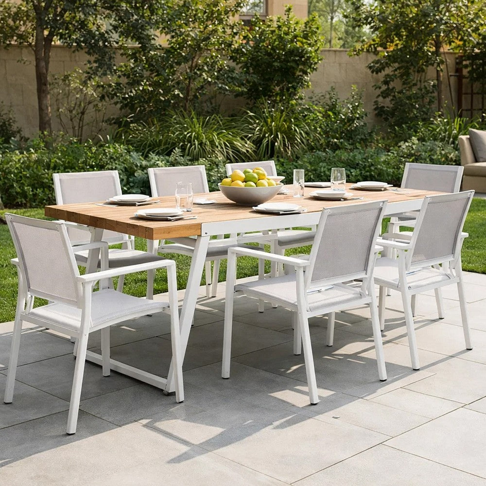 Outdoor Dining Table, White Sled Base, 71" Acacia Wood