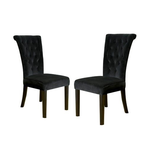 Chary Dining Chair Set of 2, Brown Wood, Classic Black Tufted Velvet